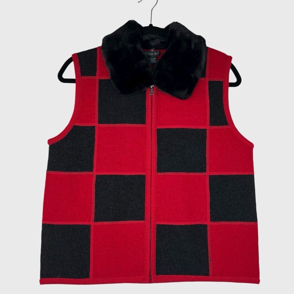 Vintage Y2K Tally Ho Sweater Vest M Red Black Check Wool Zip Cabincore Twee